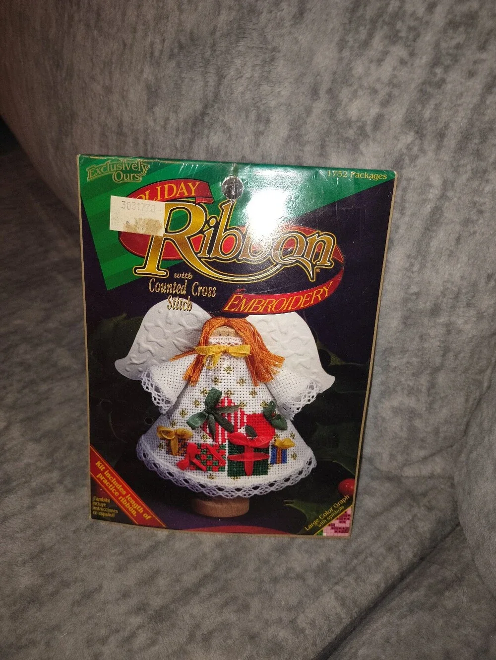 Vintage Holiday Ribbon Embroidery Angel - White